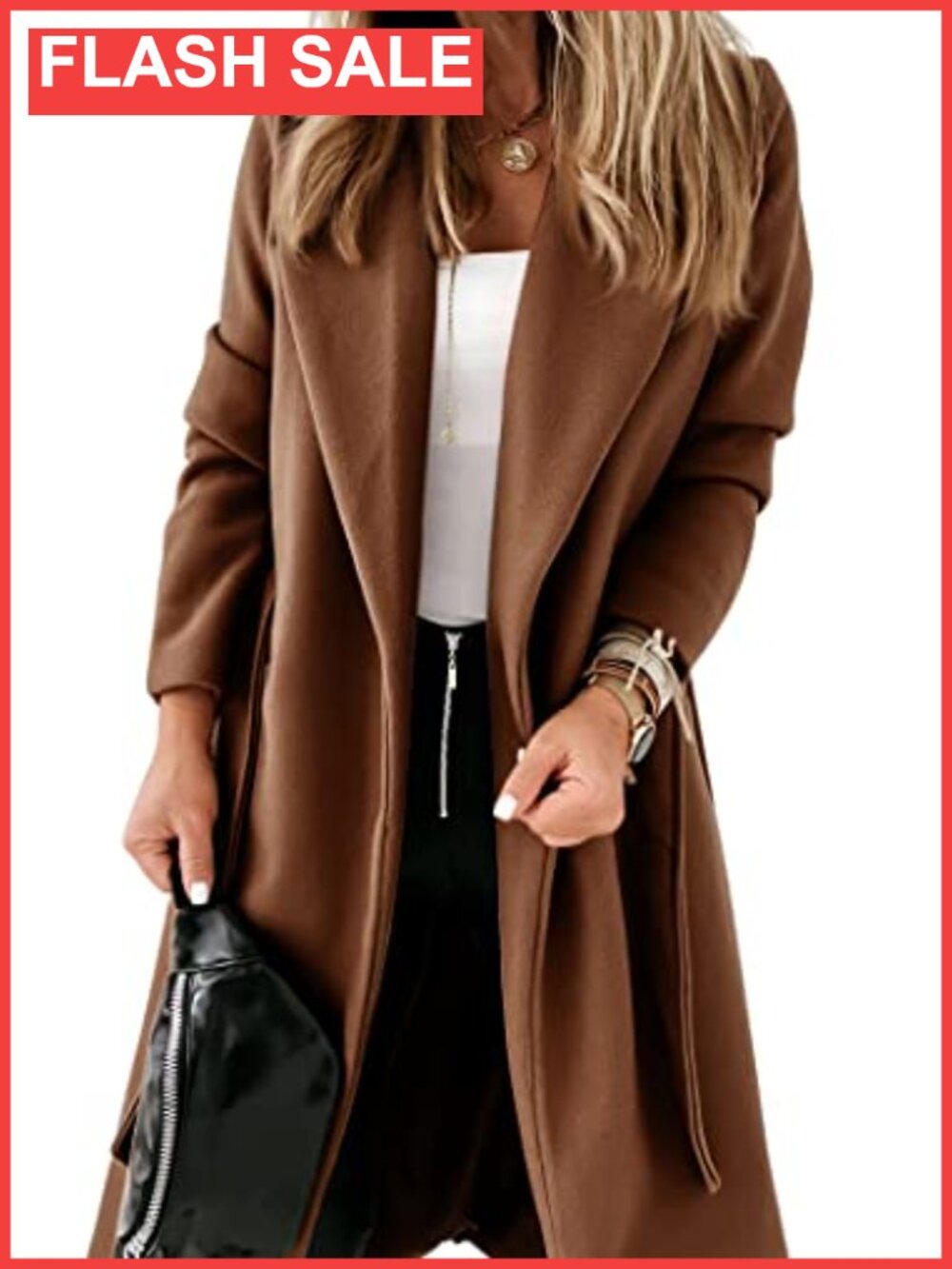 Womens Classic Belted Long Pea Coat Lapel Open Front Jacket